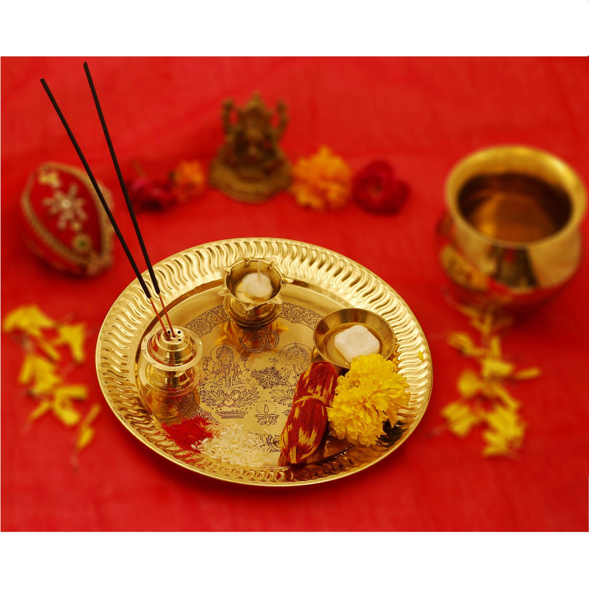 Indian Art Villa Pure Brass Astmanghal Puja Thali Set, Spiritual Item, 8.1