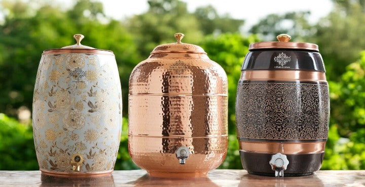 Hammered Copper outlet Water Dispenser Container Pot Matka with Handle (1 Copper ,Tank 2 Glass , 1 Bottle)