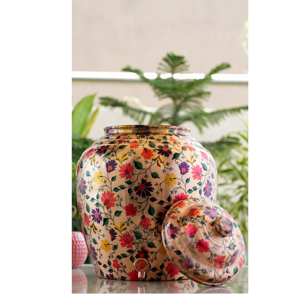 IndianArtVilla Pure Copper Water Dispenser/Matka In Multi Color Floral Print Design with Brass Tap,13 Ltr.