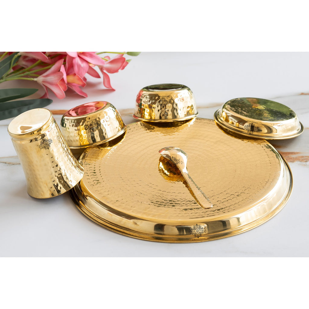 Indian Art Villa Brass Gold Shine Finish Design Thali Set | Dinner Set|Lead Free, Light weight, 6 Piece