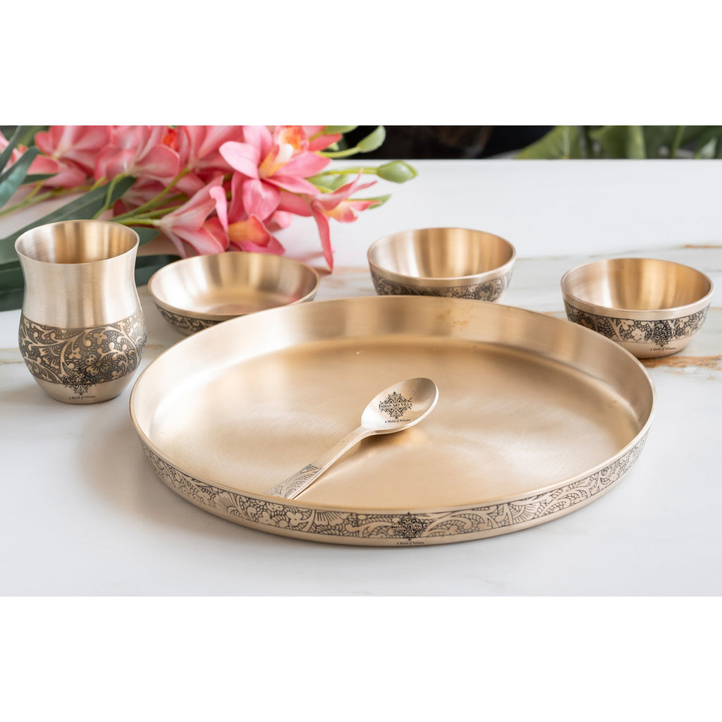 Indian Art Villa Bronze Thali Set – 6-Piece Matt Embossed Dinnerware Set with 1 Thali, 1 Glass, 1 Spoon, 1 Small Plate, and 2 Bowls, Ideal for Everyday Dining & Festive Occasions