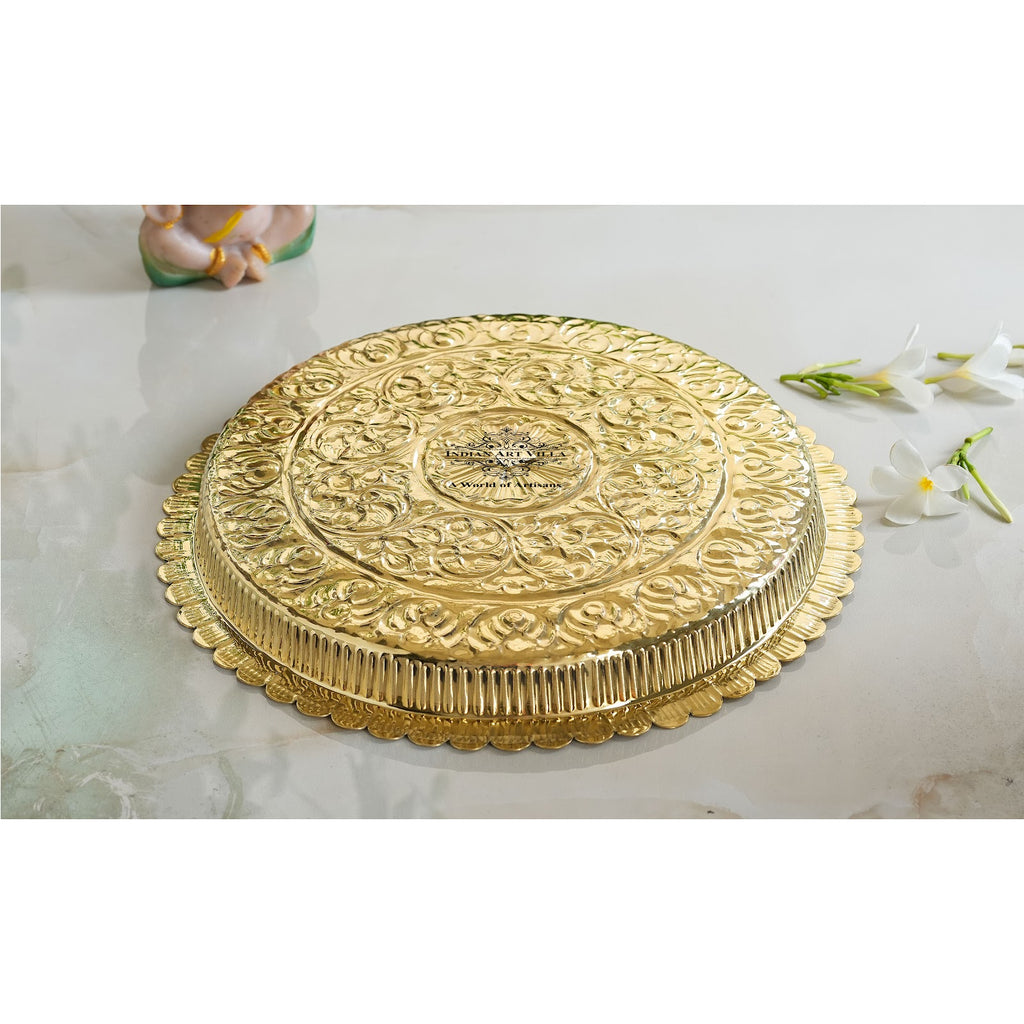 IndianArtVilla Handmade Pure Brass Flower Design Pooja Thali - 30.48 cm Dia. Spiritual Item