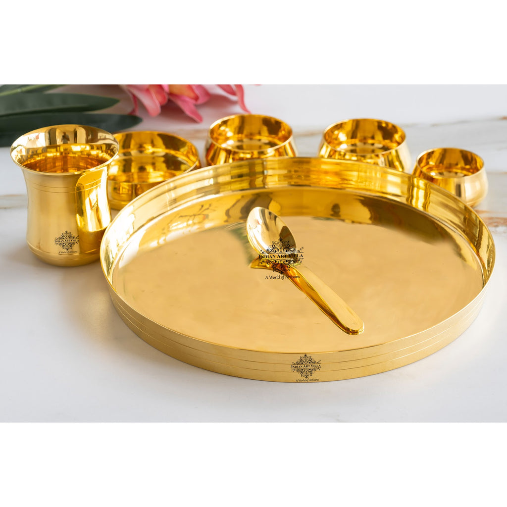 Indian Art Villa Luxurious Brass 7 Piece Dinner Set With Lead-Free Gold Finish - Elevate Your Dining with Timeless Indian Craftsmanship"