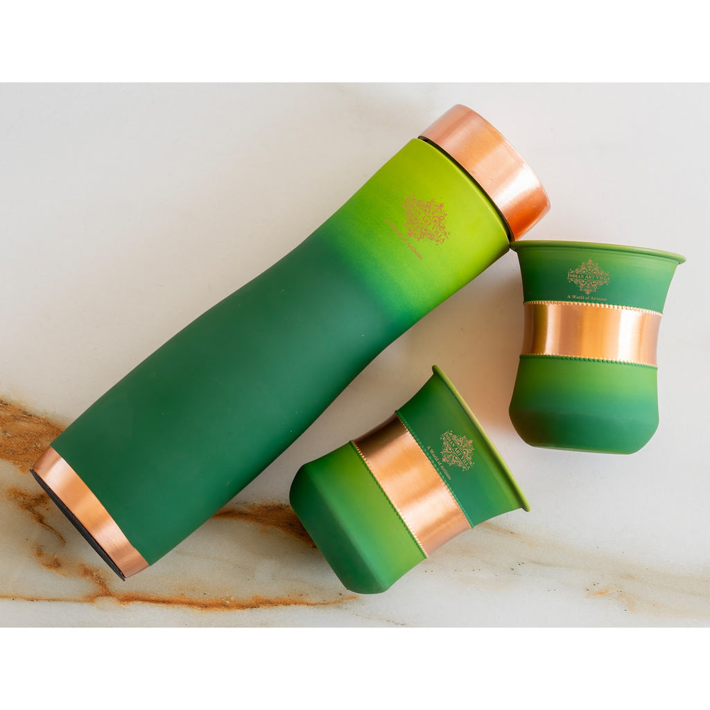 Indian Art Villa Green Shaded Silk Finish Copper Bottle & 2 Glass  | Gift Set  | Style Meets Wellness | Bottle-950 Ml, Glass-320 Ml