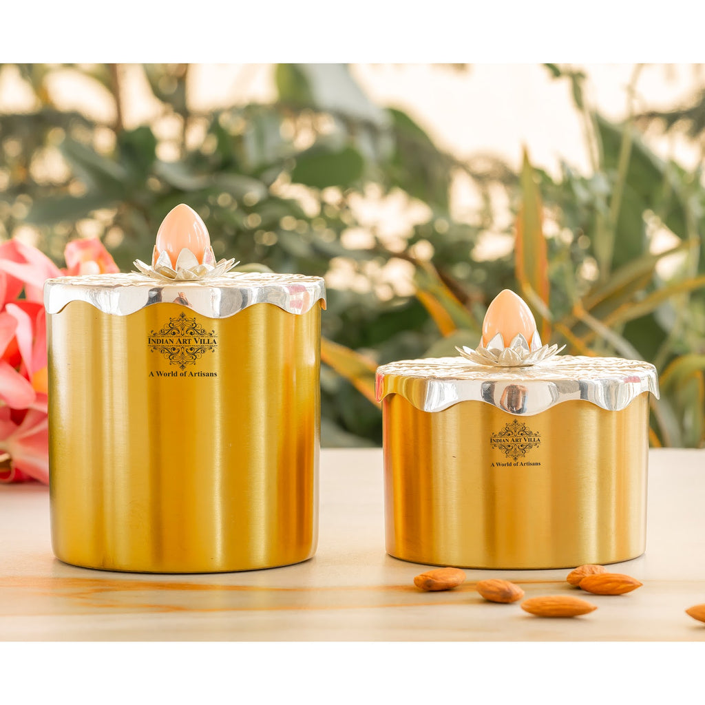 Indian Art Villa Silver-Plated & Brass Multipurpose Box with Lotus Design Lid, Gold & Silver Finish, Elegant Decorative Box for Dry Fruits, Sweets And Gifting