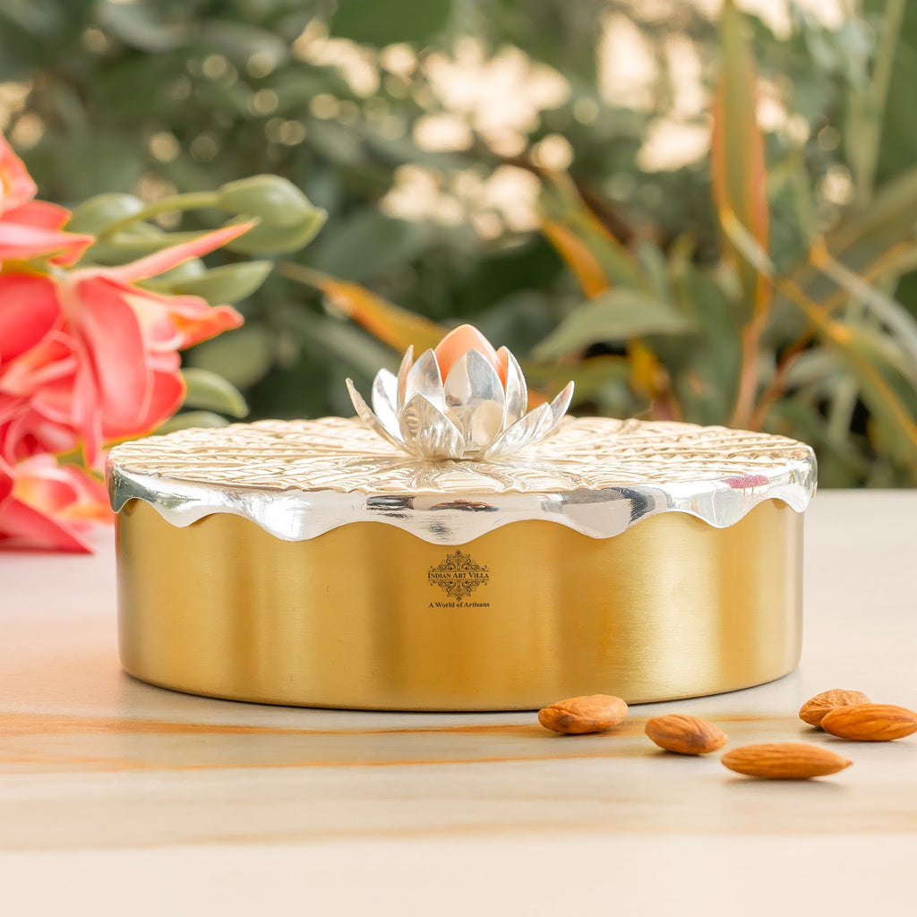 Indian Art Villa Silver-Plated Brass Decorative Multi-Purpose Gift Box, Lotus Flower Design, Elegant Silver & Gold Finish Storage Box for Dry Fruits