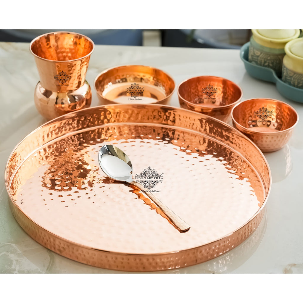 IndianArtVilla Pure Copper Hammered  Design, 6 Pieces Dinner Set, 30.48 cm Thali