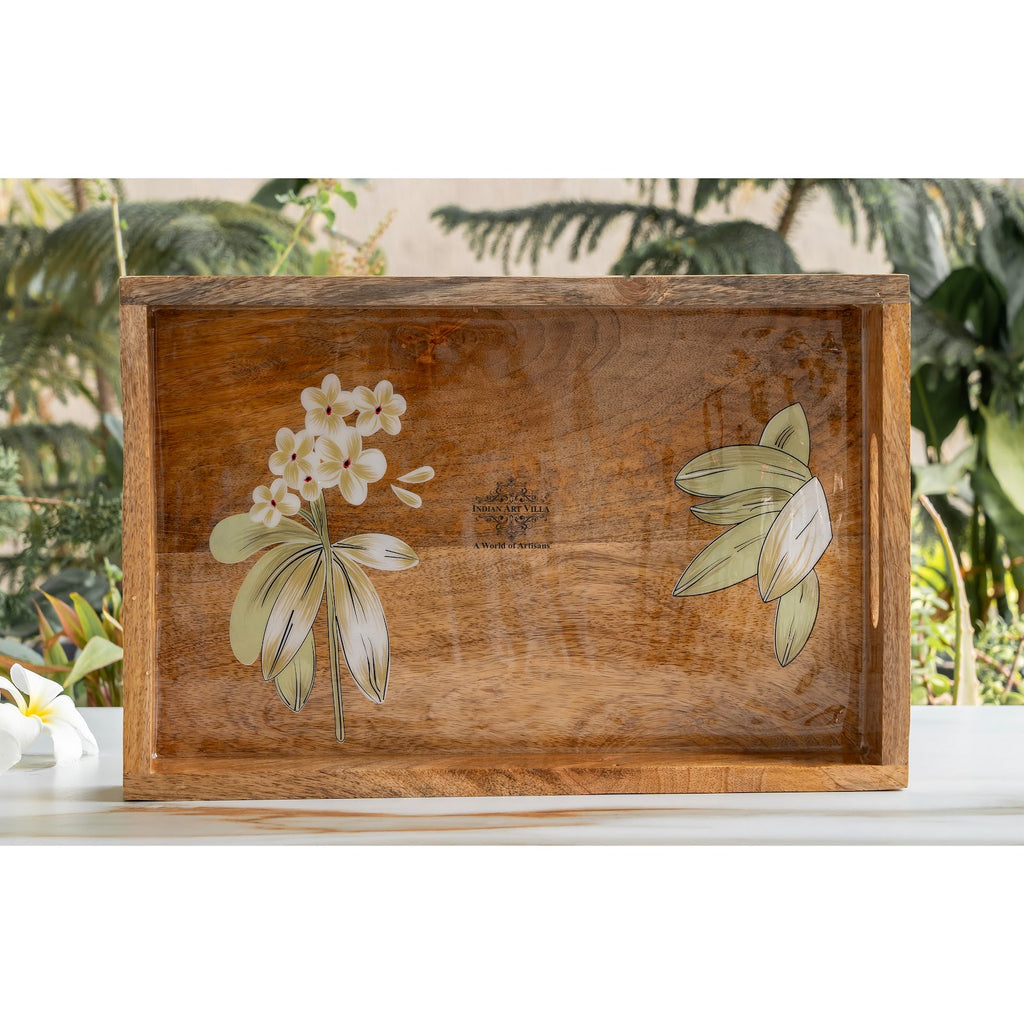 Indian Art Villa Wooden Tray with Plumeria Flower Design, Multipurpose Serving Tray for Tea, Coffee, Snacks, Home Decor, Gift Hampers