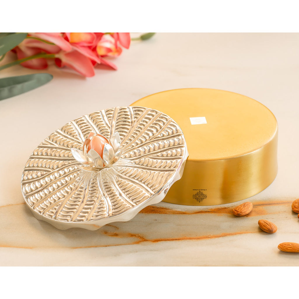 Indian Art Villa Silver-Plated Brass Decorative Multi-Purpose Gift Box, Lotus Flower Design, Elegant Silver & Gold Finish Storage Box for Dry Fruits