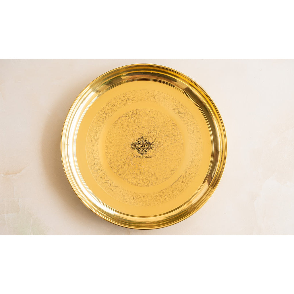 Indian Art Villa Brass Embossed Thali/Plate – Decorative Floral Design Plate for Pooja, Festivals, Gifting & Home Décor