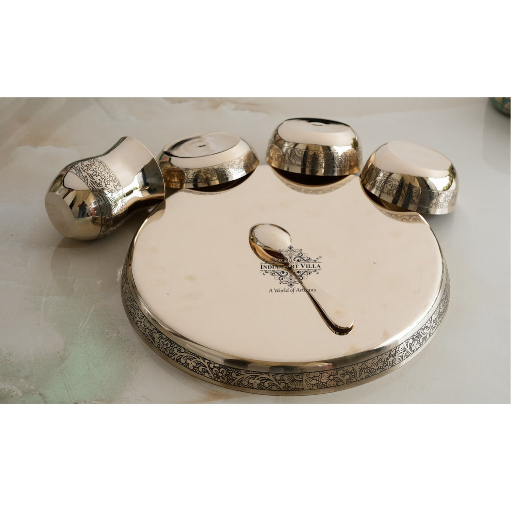 IndianArtVilla Bronze 6 Pieces Thali Set/ Dinner Set, Royal Dinner Set, Embossed Design, 29 cm Thali,