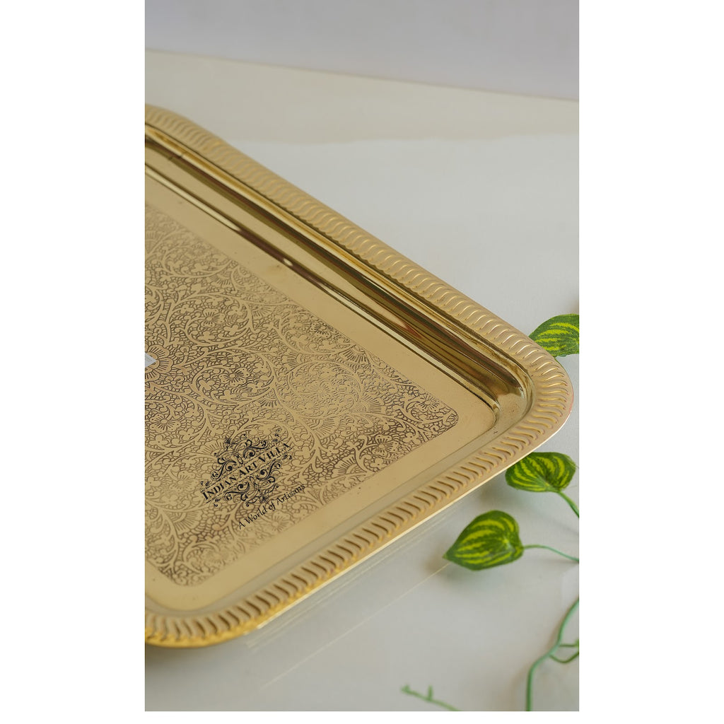 Indian Art Villa Brass Embossed Design Tray with beautiful Edges, Serveware, Tableware