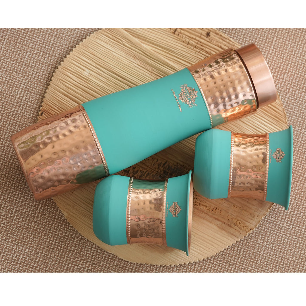 Indian Art Villa Pure Copper Drinkware Gift Set of 2 Glass and 1 Bottle in Turquoise Silk Finish Design