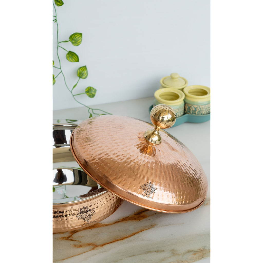 Indian Art Villa Steel Copper Handi with Copper Lid and Brass Knob, Copper Tableware