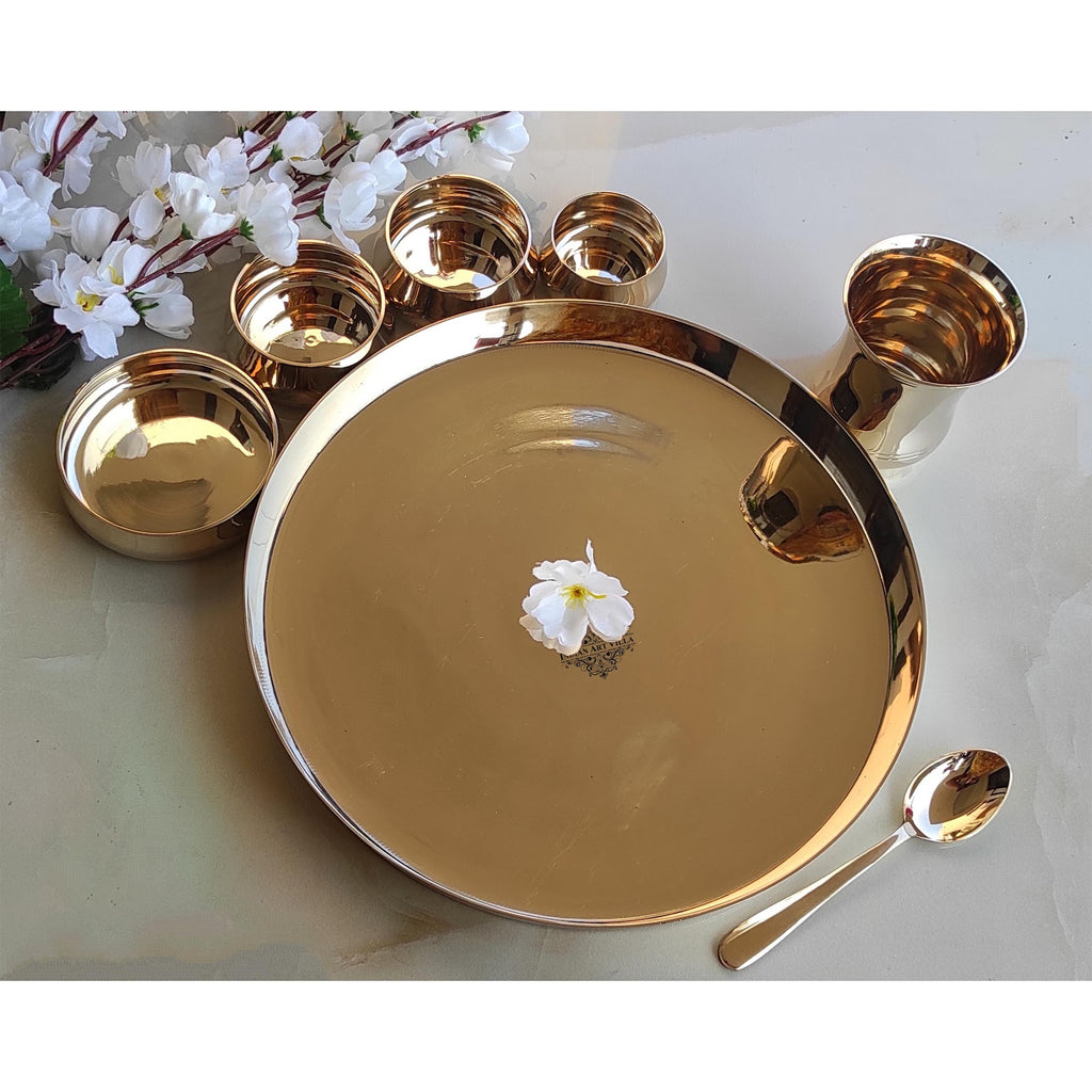 Indian Art Villa,  Handcrafted Pure Bronze Curve Shaped 7 Pieces Dinner Set | Thali Set with  Mirror Shine Finish