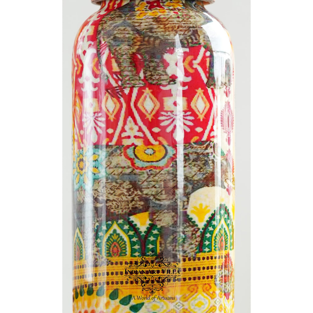 Indian Art Villa, Pure Copper Bottle Rajasthani Meena "Padharo Mhare Desh" Printed theme, Glass Gif Set