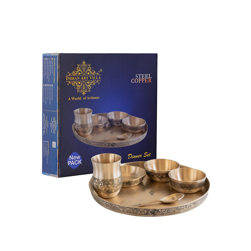 Indian Art Villa Bronze Thali Set – 6-Piece Matt Embossed Dinnerware Set with 1 Thali, 1 Glass, 1 Spoon, 1 Small Plate, and 2 Bowls, Ideal for Everyday Dining & Festive Occasions