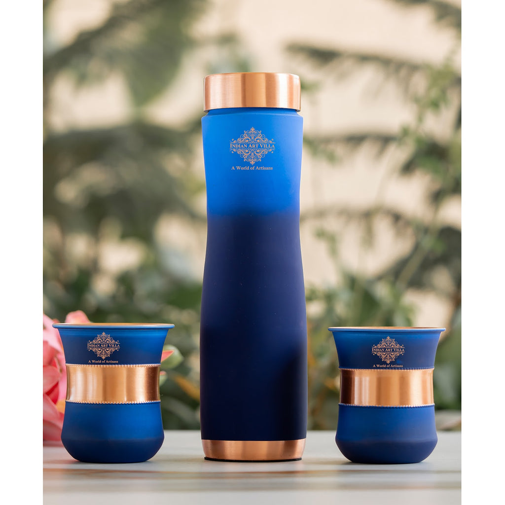 Indian Art Villa Matte Blue Ombre Copper Bottle and Glass Set with Royal Look –  Perfect for Adding a Touch of Luxury, Bottle-950 Ml, Glass-320 Ml