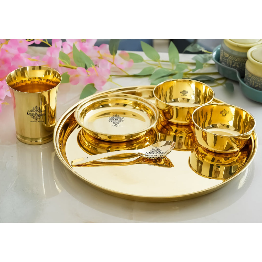 IndianArtVilla Brass Gold Shine Finish Design Thali Set | Dinner Set, Lead Free, Light weight, 6 Piece