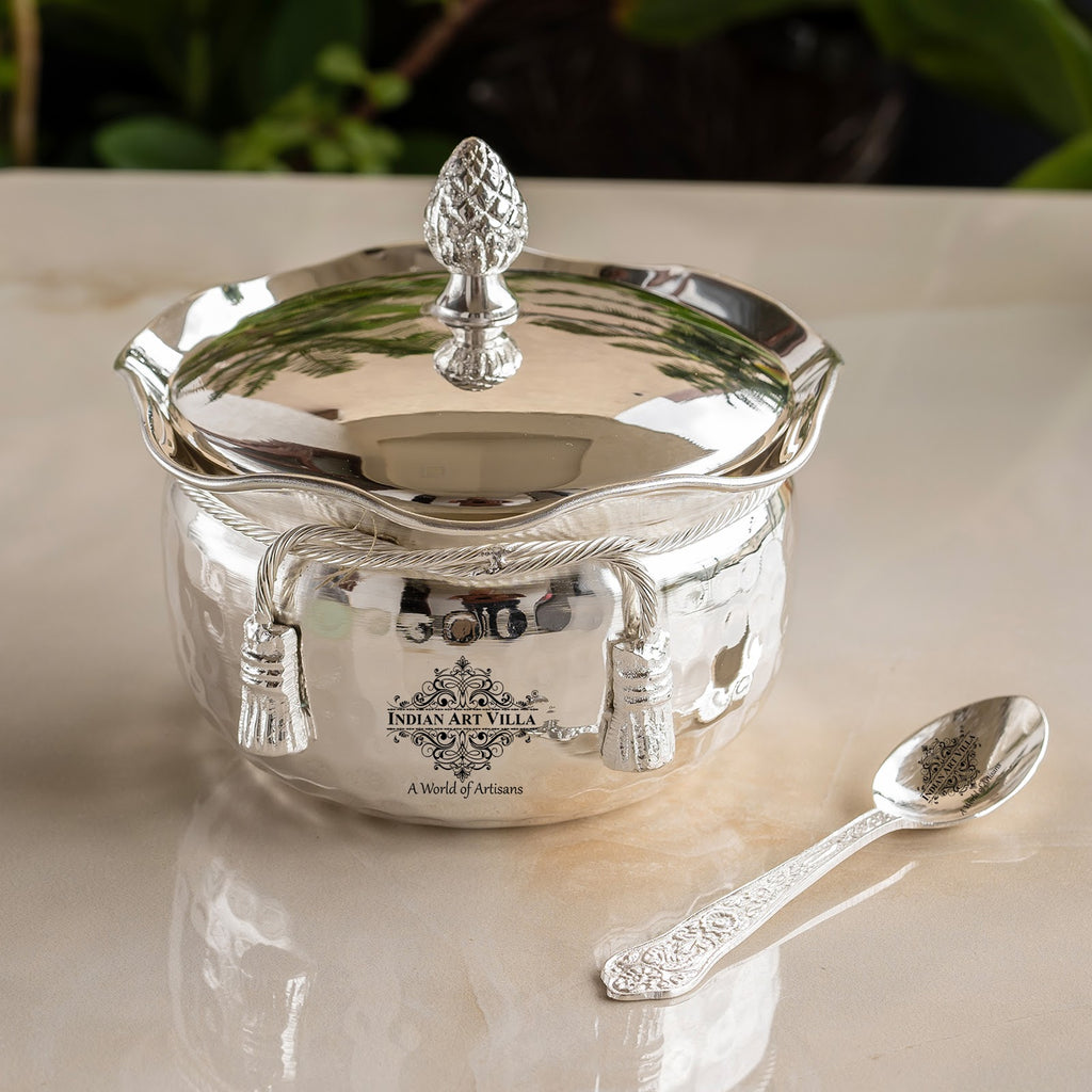 Indian Art Villa Luxury Silver-Plated Bowl with Hammered Finish & Matching Spoon – Elegant Gift Set for All Occasions