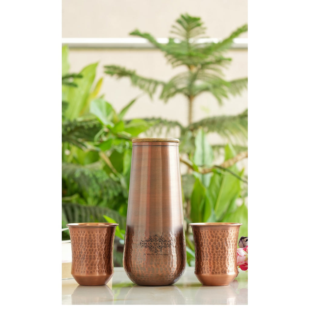 Indian Art Villa Pure Copper Drinkware Gift Set of Copper Bedroom Bottle & Copper Glass with Antique Finished Embossed Design