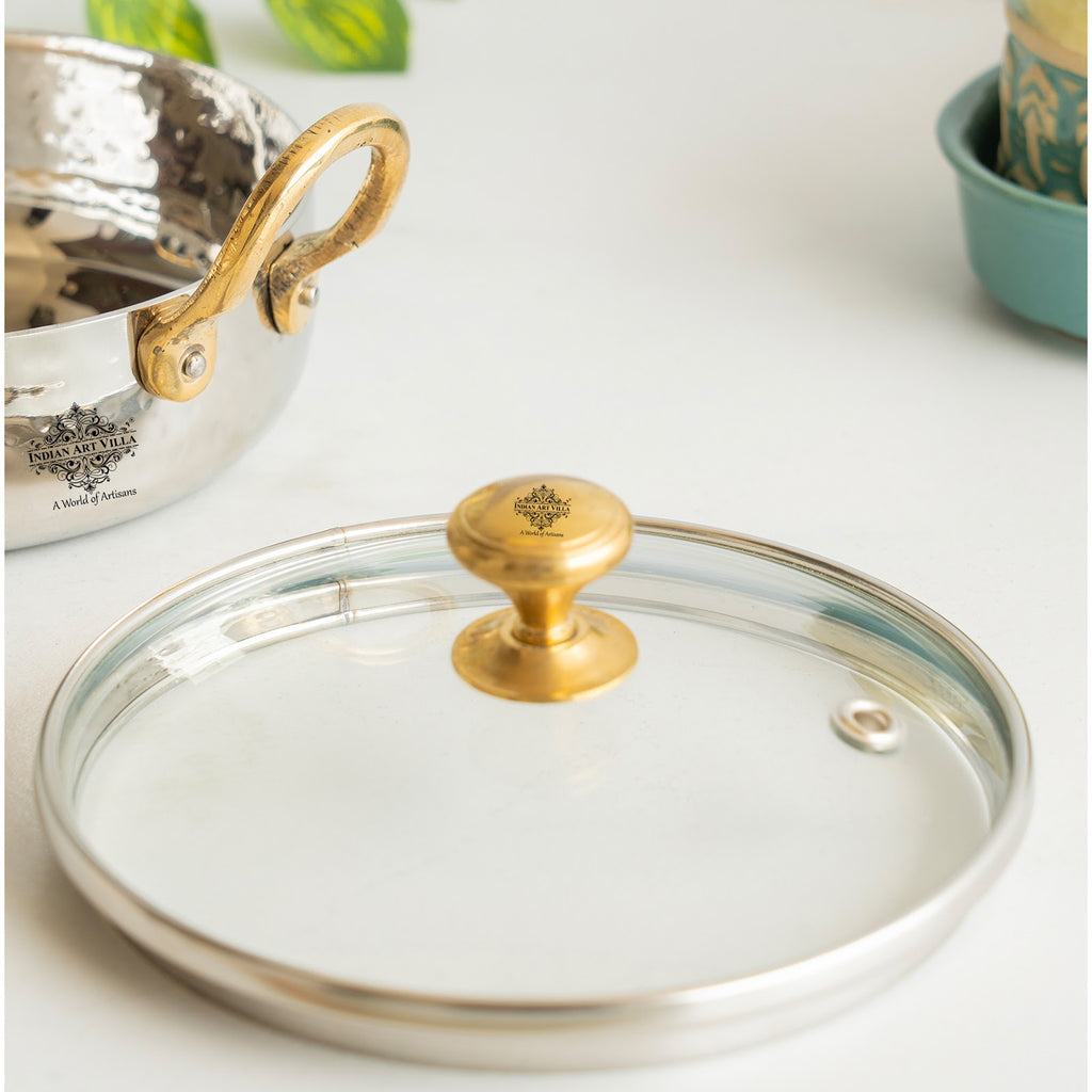 Indian Art Villa Stainless Steel Hammered Sauce Pan/Bowl with Brass Handles and Glass Lid, Ideal for Sauces, Soups, Gravies, and Cooking