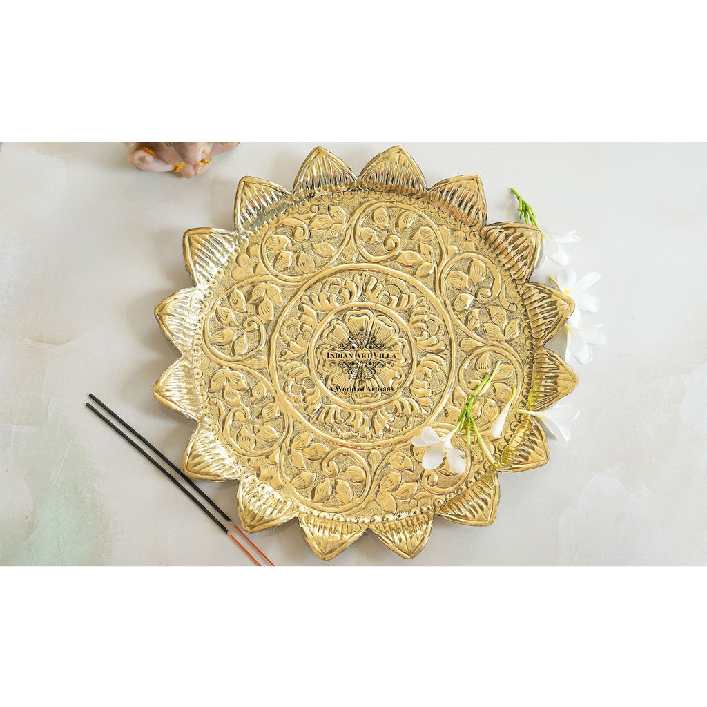 Indian Art Villa Pure Brass Sunflower Design Pooja Thali | Pooja Temple Home