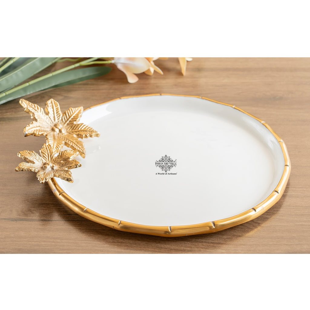 Indian Art Villa Brass Finish Decorative Serving Platter with Flower Design, Luxurious Serveware for Home Décor