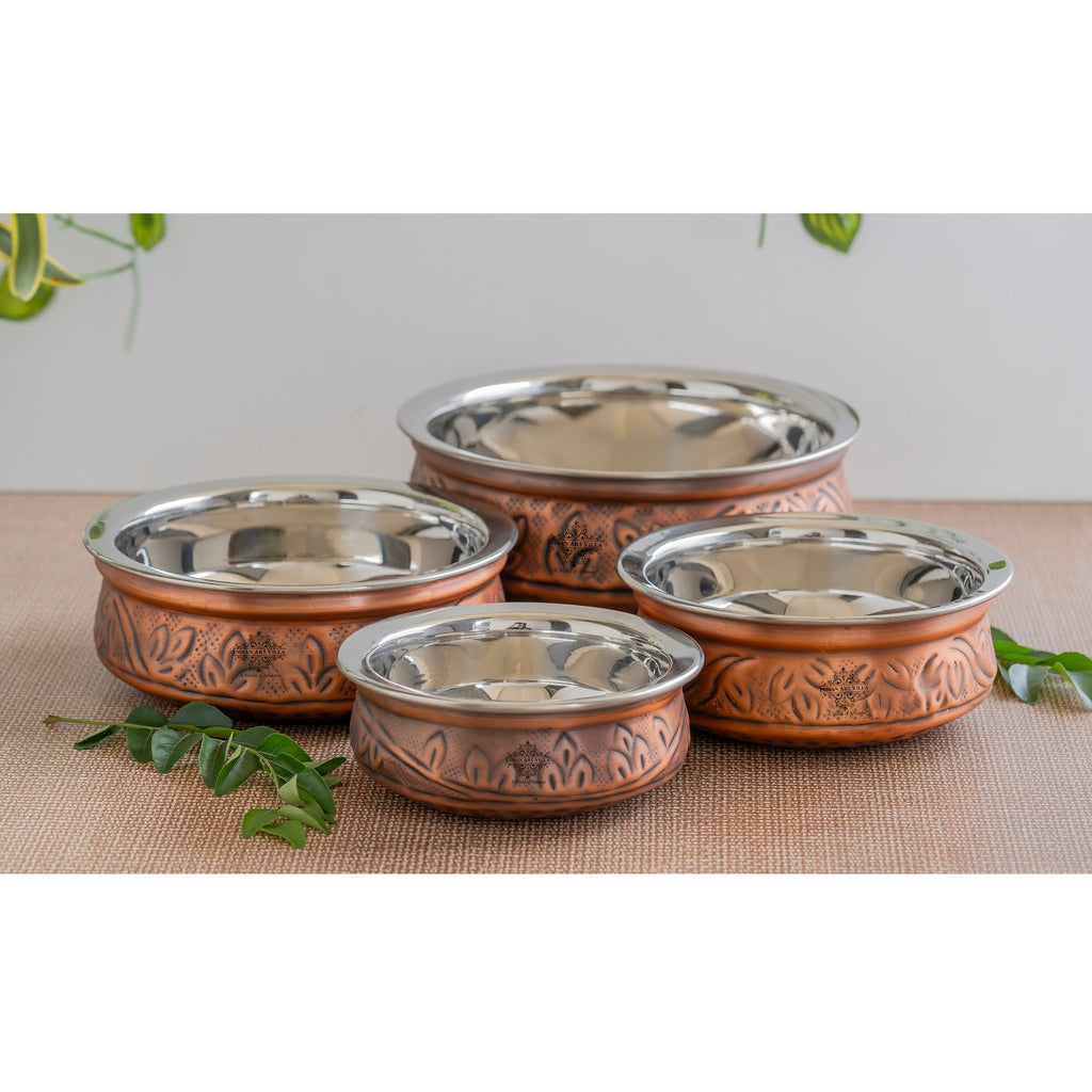 IndianArtVilla, Pure  Steel Copper Embossed Design Serving Handi/Bowl/Casserole, Ideal for Home & Restaurant Tableware and Serveware