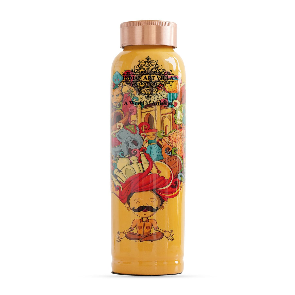 IndianArtVilla Rajasthani Meena "Padharo Mhare Desh" Printed Theme Pure Copper Bottle, 900 ML