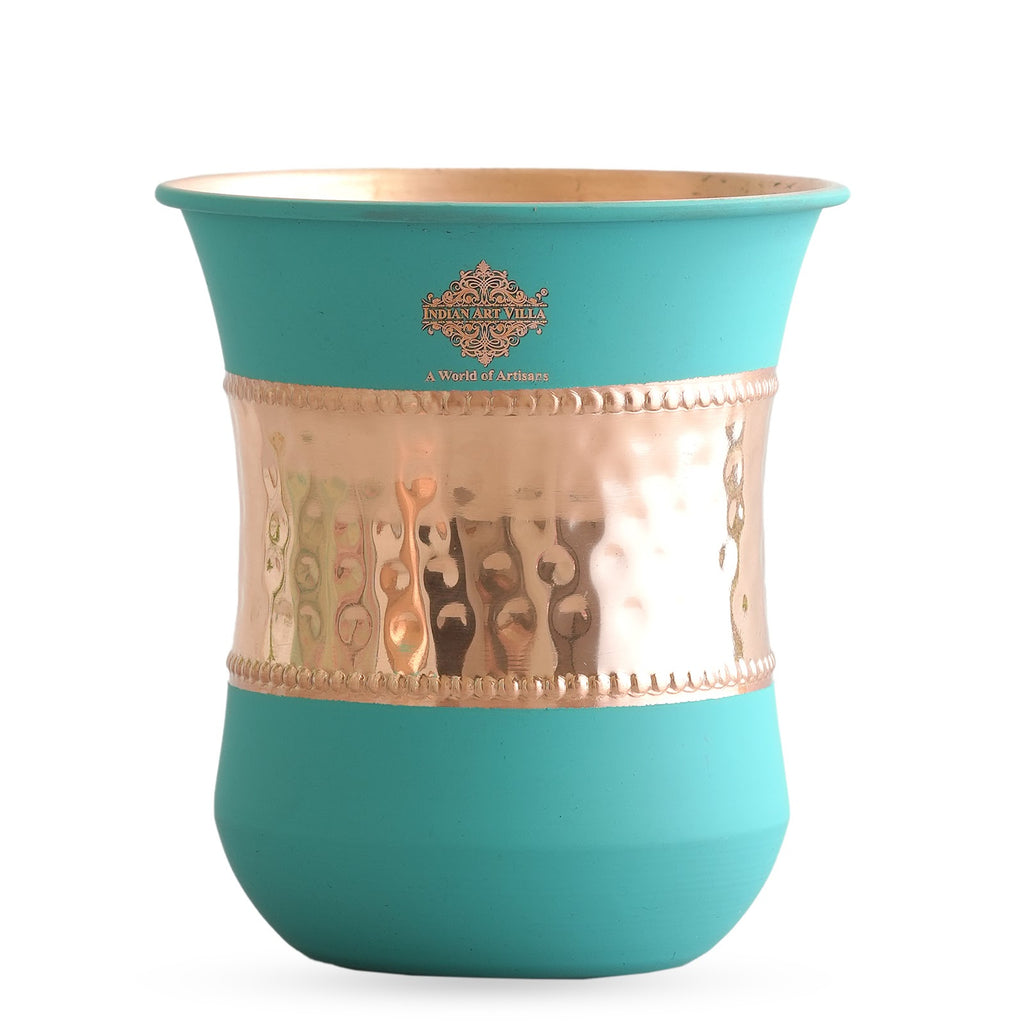 Indian Art Villa Copper Half Hammered Half Silk Finish Turquoise Coloured Glass, 320 ML