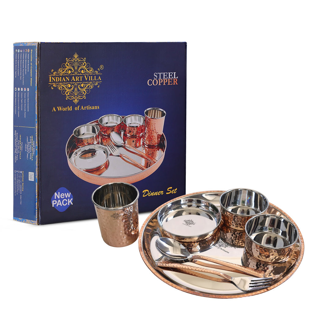 IndianArtVilla Steel Copper Hammered Design 7 Pieces Dinner Set/Thali Set of 1 Thali, 1 Glass, 1 Spoon, 1 Fork, 1 Small Plate & 2 Bowls, Dinnerware, Tableware Or Crockery