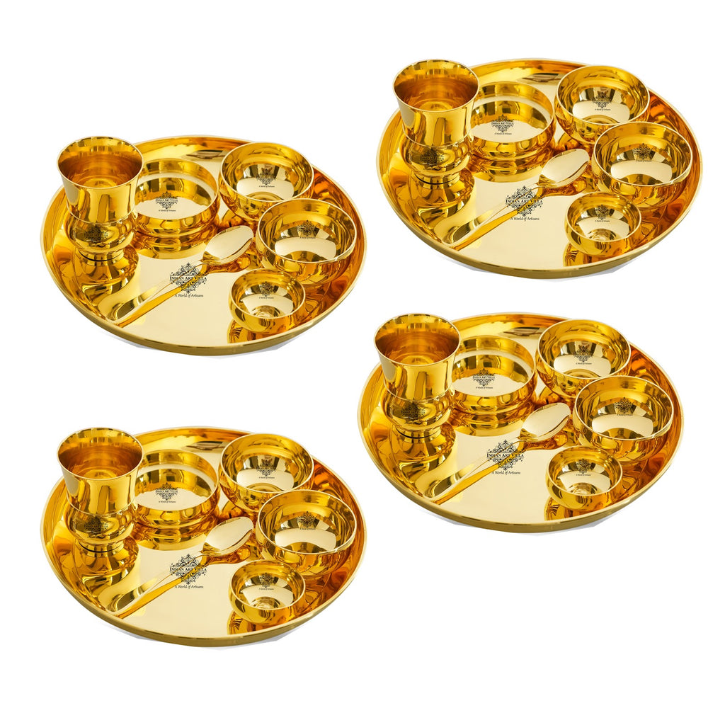 Indian Art Villa Pure Brass Dinner Set Shine FInish Design Set of 7 Piece, 30.48 cm thali