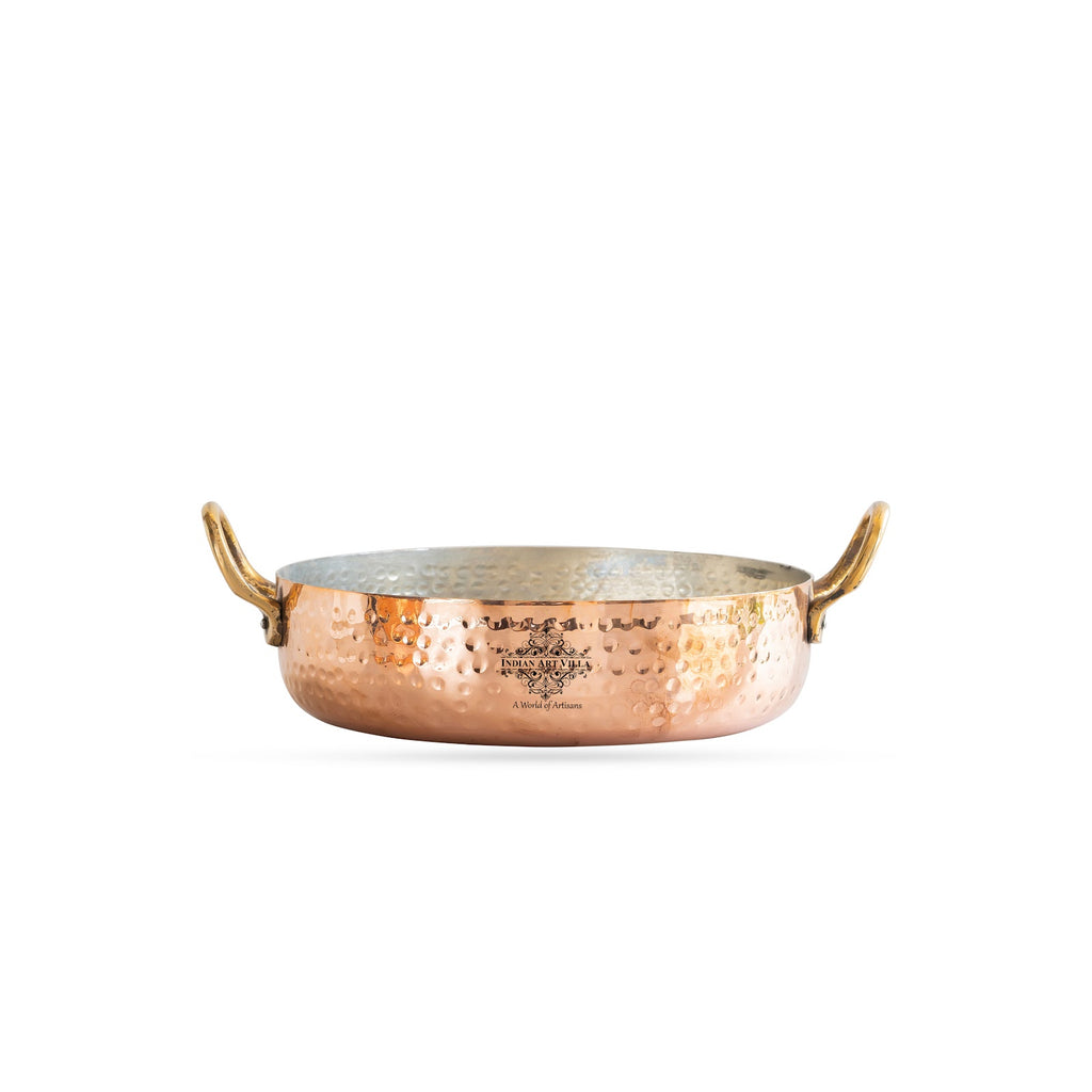 Indian Art Villa Pure Copper Round Dish, Pan Double Brass Handle With Tin Lining, Serveware & Tableware