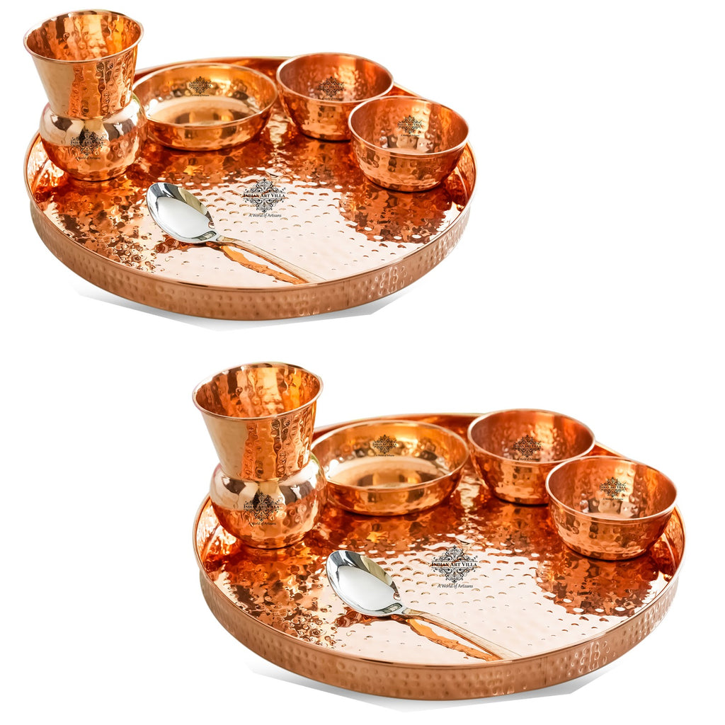 IndianArtVilla Pure Copper Hammered  Design, 6 Pieces Dinner Set, 30.48 cm Thali