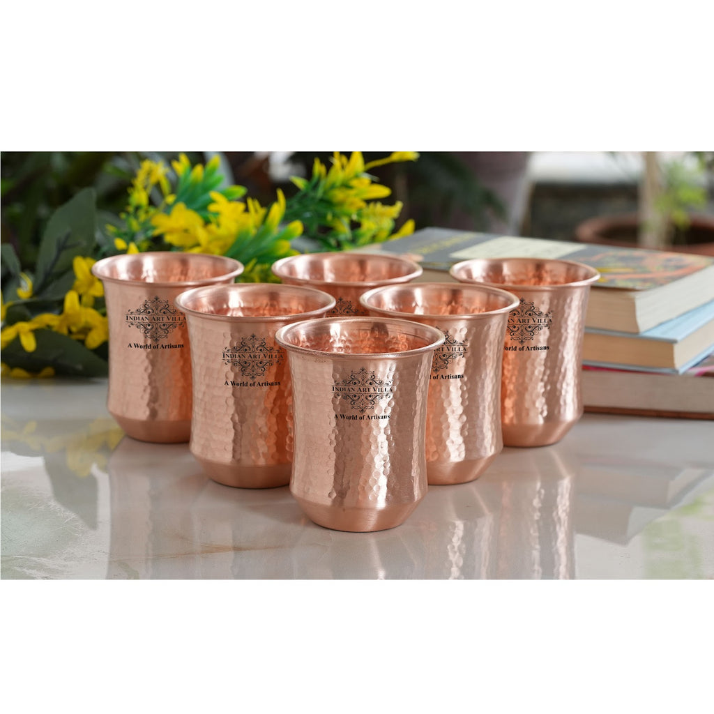 Indian Art Villa Handcrafted Pure Copper Hammered & Smooth Design Glass, Drinkware, Serveware, Tableware