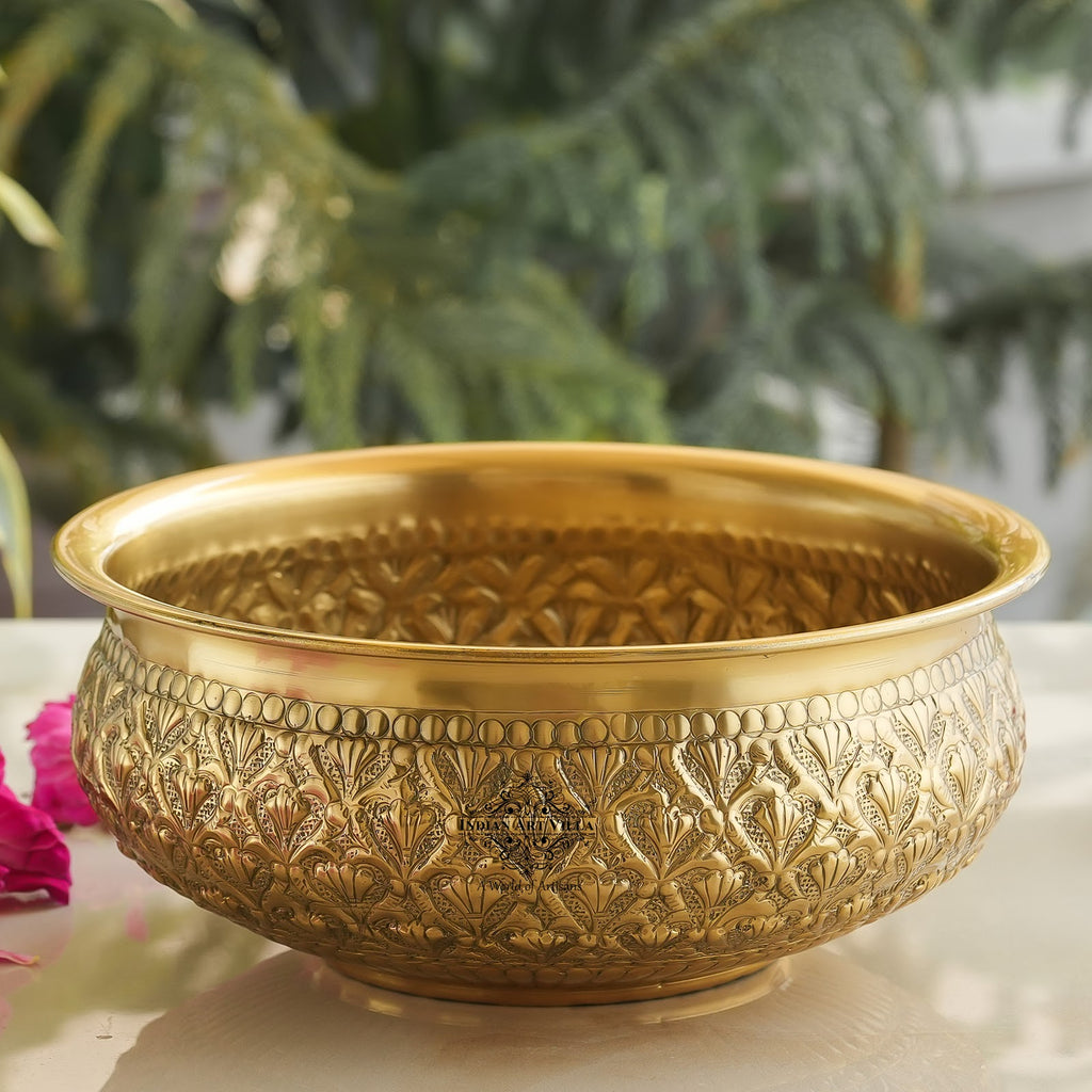 IndianArtVilla Handcrafted Brass Urli, Embossed Ornate Floral Design, Decorative Urli Bowl