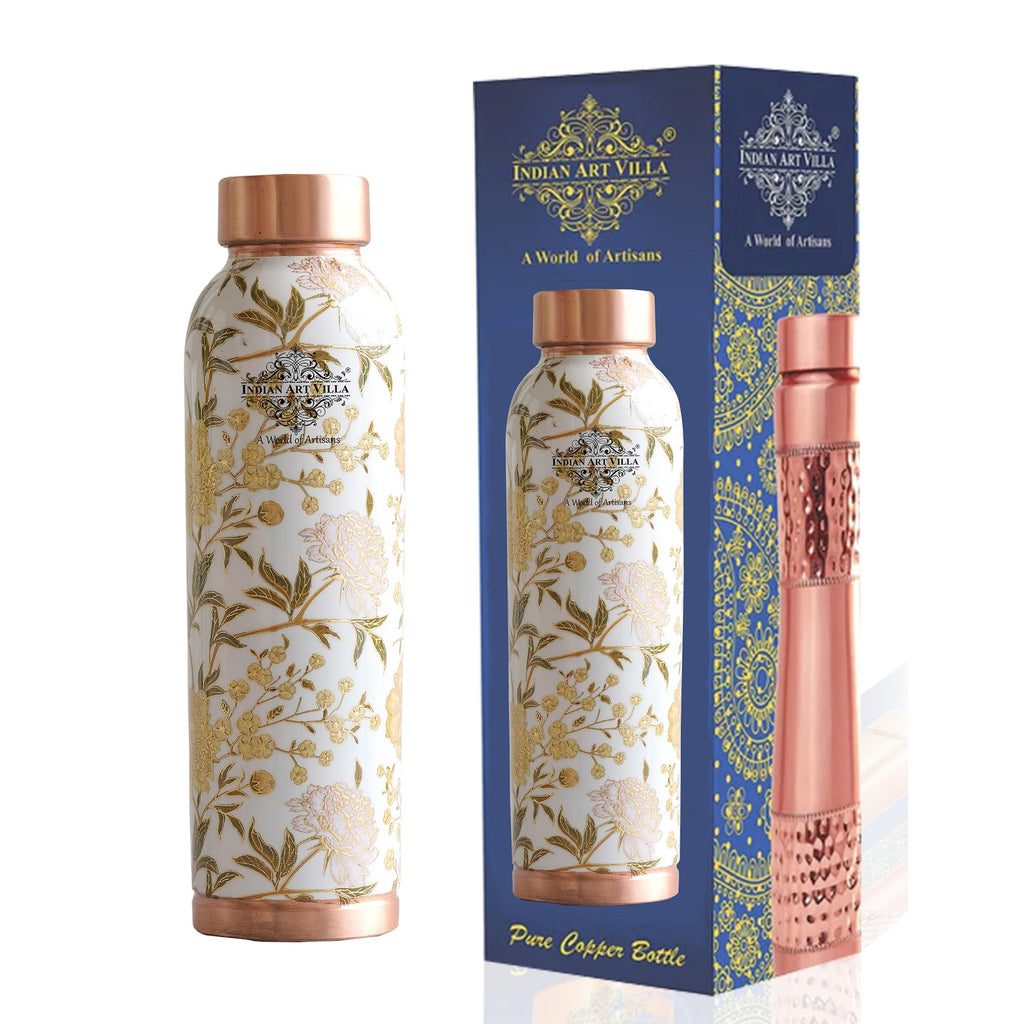 Indian Art Villa Handcrafted Pure Copper Gold Floral Print Design Water Bottle, 900 ML