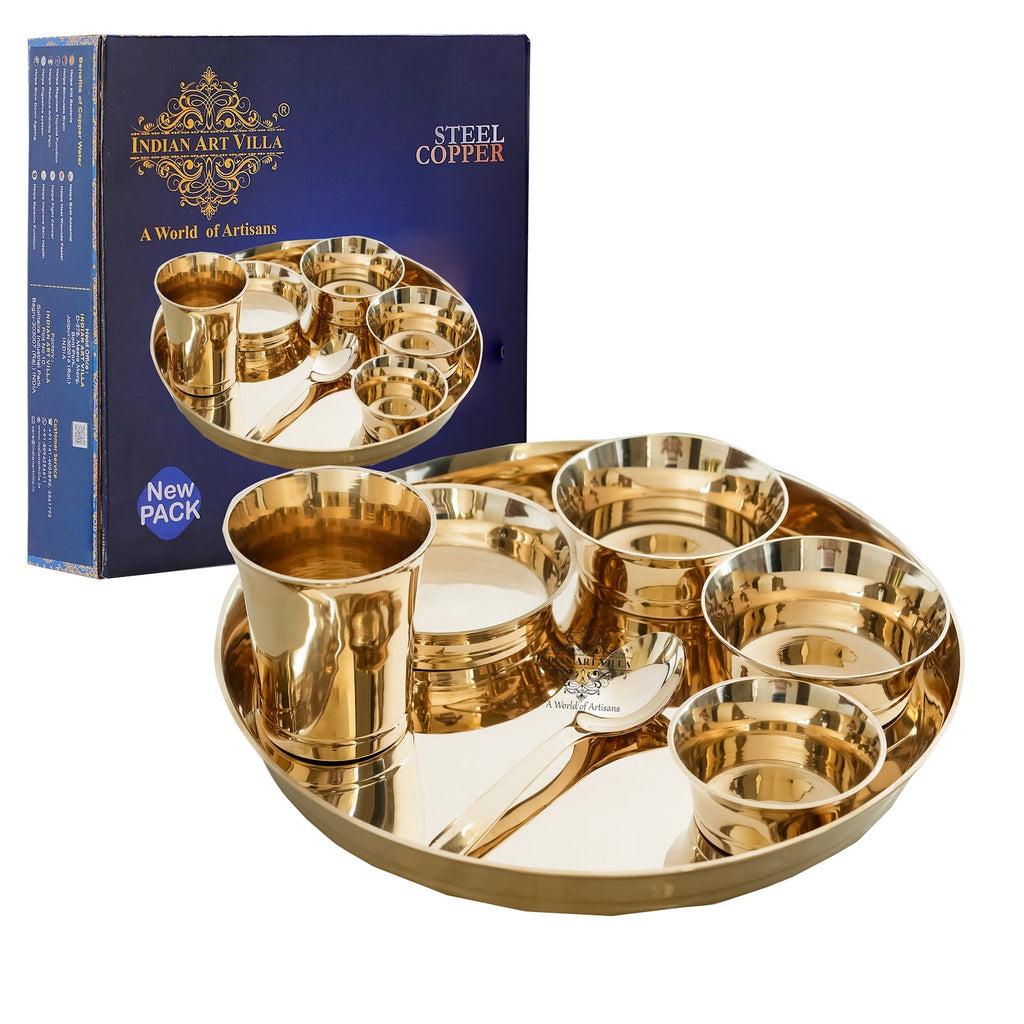 IndianArtVilla Handmade Pure Bronze Shine Finish Design Thali Set|Dinner Set, 7 Piece