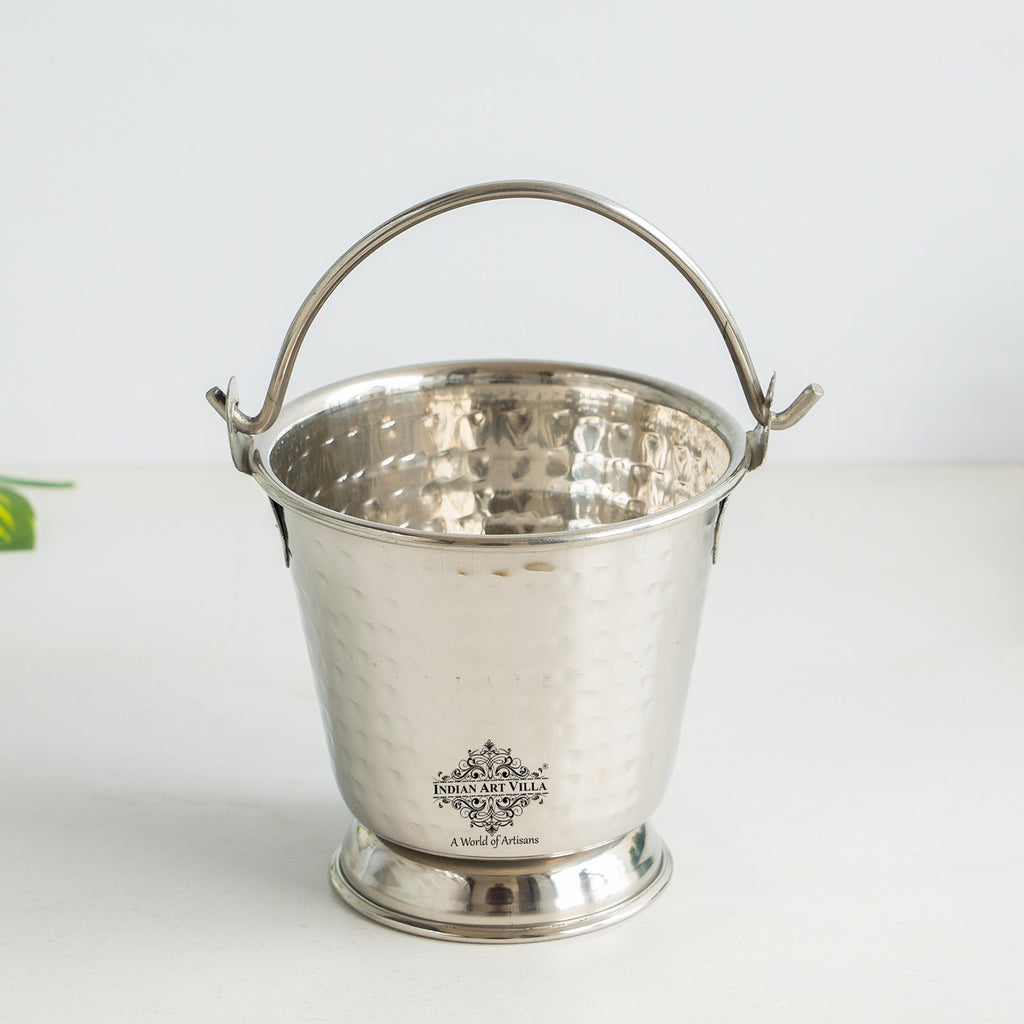 Indian Art Villa Stainless Steel Hammered Bucket, Small Serving Bucket for Curry, Daal, Gravies, and Condiments, Elegant Tableware for Home & Restaurant Use