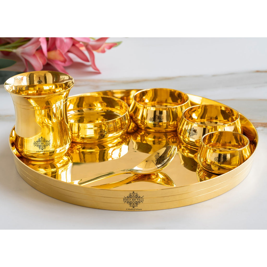 Indian Art Villa Luxurious Brass 7 Piece Dinner Set With Lead-Free Gold Finish - Elevate Your Dining with Timeless Indian Craftsmanship"