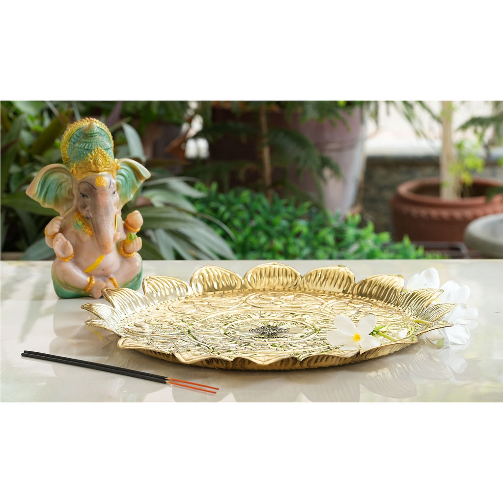 Indian Art Villa Pure Brass Sunflower Design Pooja Thali | Pooja Temple Home