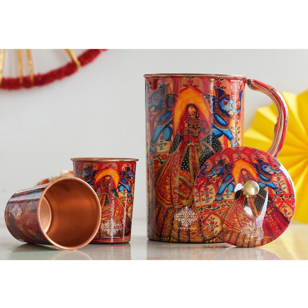 Indian Art Villa, Rajasthani Meena "Padharo Mhare Desh" Printed theme Copper Jug & Glass Gif Set, Ayuvedic Drinkware