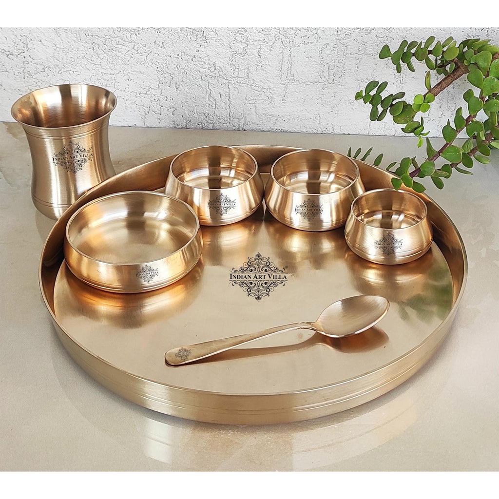 Indian Art Villa,  Handcrafted Pure Bronze Curve Shaped 7 Pieces Dinner Set | Thali Set with  Mirror Shine Finish