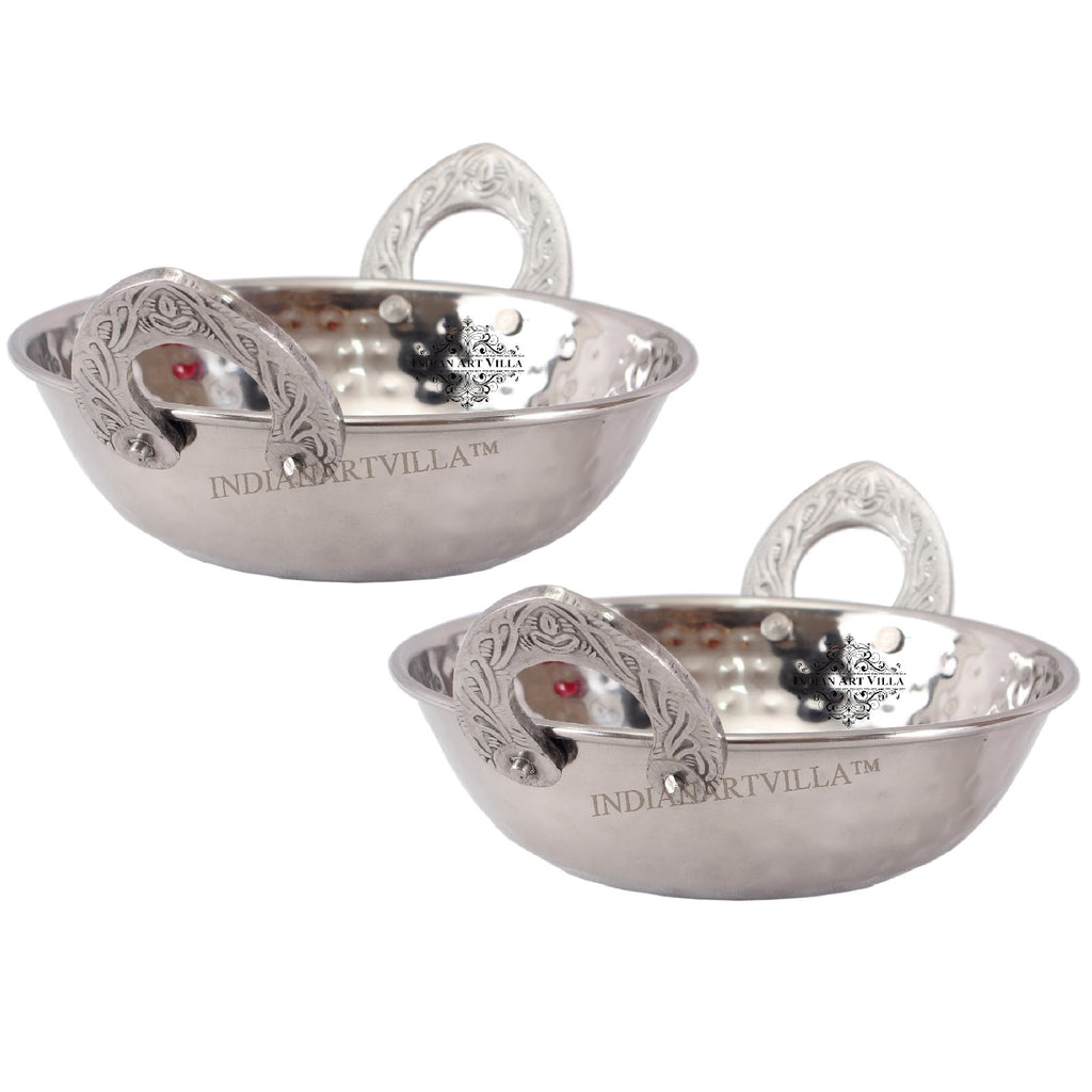 IndianArtVilla Handmade Pure Steel Hammered Design Wok with Embossed Design Handle