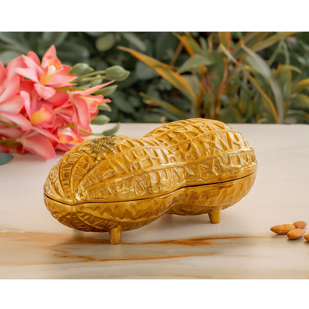 Indian Art Villa Gold Finish Peanut Design Decorative Box– 3x7 Inches, Unique Storage for Dry Fruits