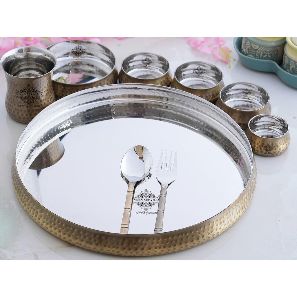 Indian Art Villa Steel Brass Curve Thali Set 9 Piece, Hammered Antique Finish Design Dinner Set