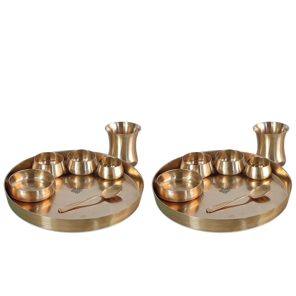 Indian Art Villa,  Handcrafted Pure Bronze Curve Shaped 7 Pieces Dinner Set | Thali Set with  Mirror Shine Finish