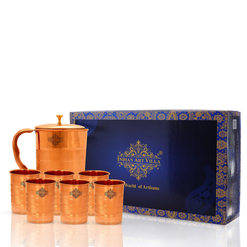 IndianArtVilla Handcrafted Pure Copper Luxury Design Jug & Glass with Box, Drinkware Gift Set