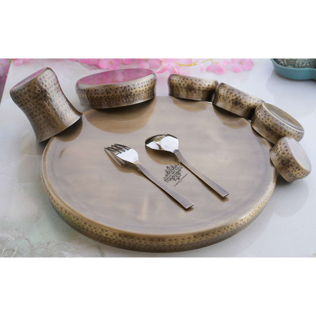 Indian Art Villa Steel Brass Curve Thali Set 9 Piece, Hammered Antique Finish Design Dinner Set